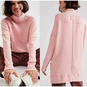 We The Free Pink Free People Casey Ribbed Knit Mock Neck Tunic Longline Sweater